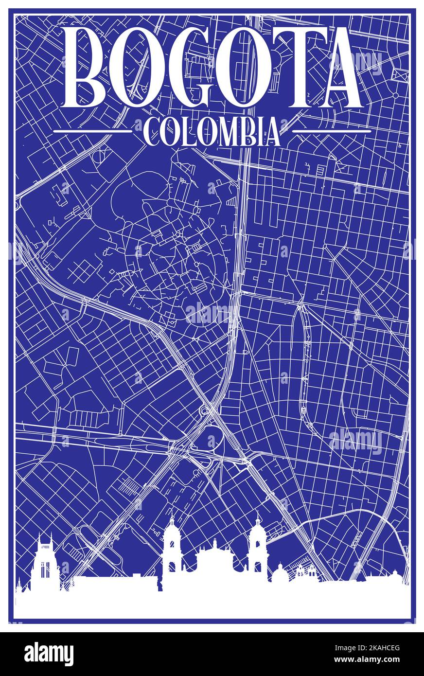 Carte du réseau des rues du centre-ville DE BOGOTA, COLOMBIE, imprimée à la main, d'époque bleue, avec des gratte-ciel et des lettres en surbrillance Illustration de Vecteur