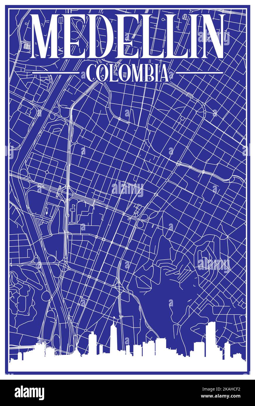 Carte du réseau des rues du centre-ville DE MEDELLIN, COLOMBIE, imprimée à la main, d'époque bleue, avec des gratte-ciel et des lettres en relief Illustration de Vecteur