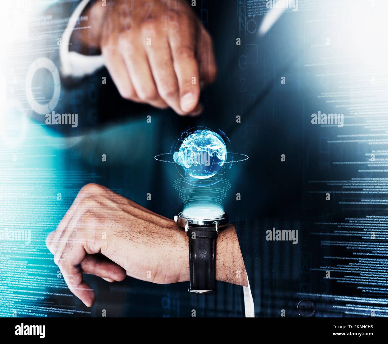 Homme d'affaires avec hologramme de la terre, technologie et temps futurs avec espace et superposition numérique, logiciel informatique et 3D Connect. Technologie futuriste mondiale Banque D'Images