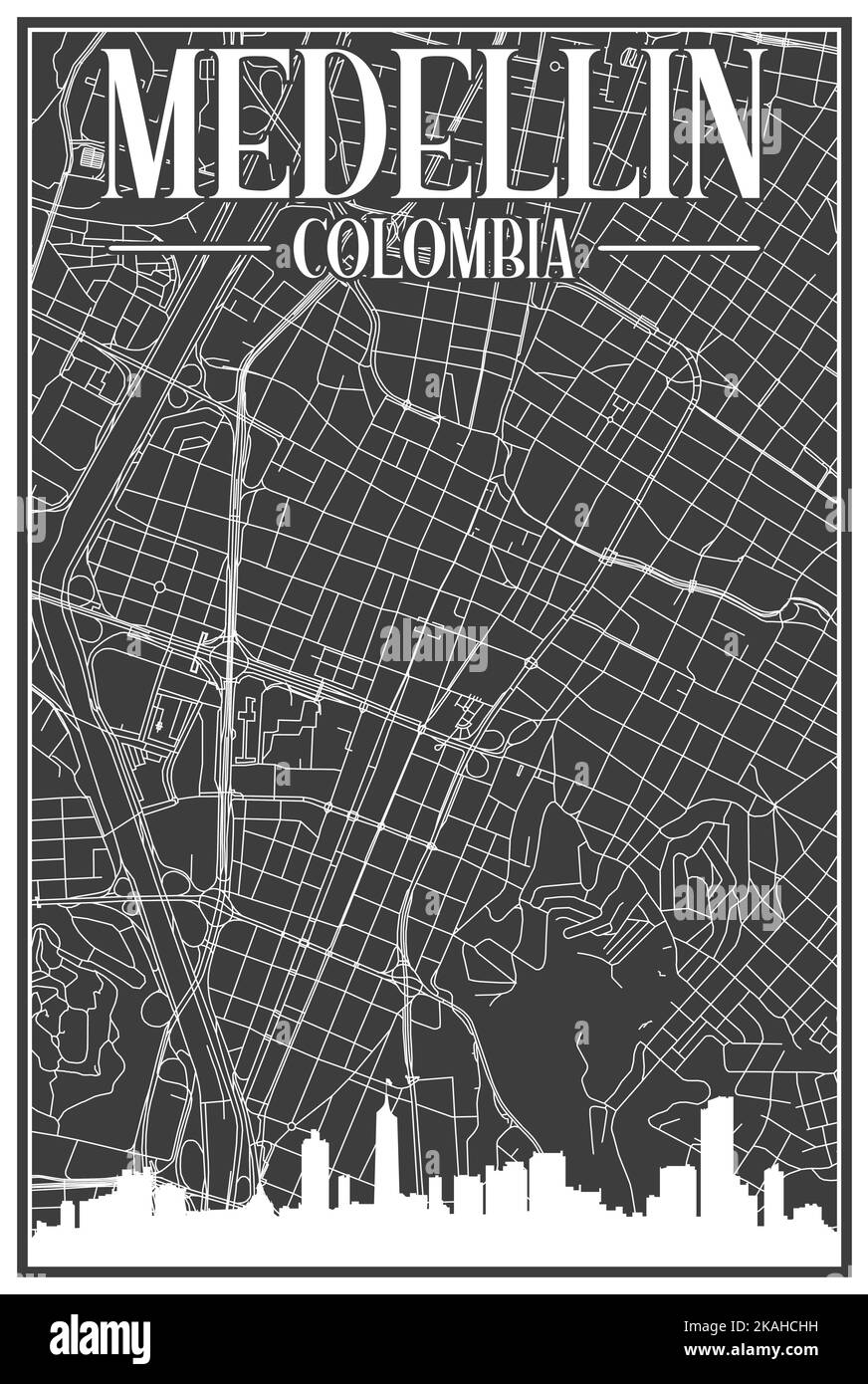 Carte du réseau des rues du centre-ville DE MEDELLIN, COLOMBIE, imprimée à la main, d'époque noire, avec des gratte-ciel et des lettres en relief Illustration de Vecteur
