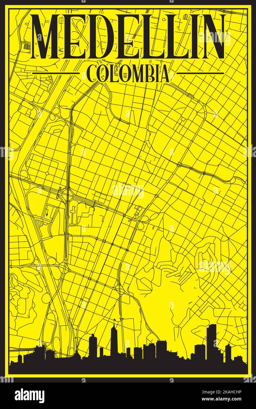 Carte du réseau des rues du centre-ville DE MEDELLIN, COLOMBIE, imprimée à la main d'époque jaune, avec des lignes d'horizon et des lettres mises en évidence Illustration de Vecteur