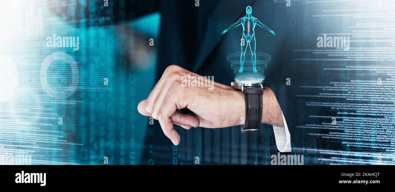 Innovation numérique, montre hologramme homme d'affaires et transformation numérique de la technologie ai. Résumé données iot conception futuriste de tableau de bord, recherche ux Banque D'Images