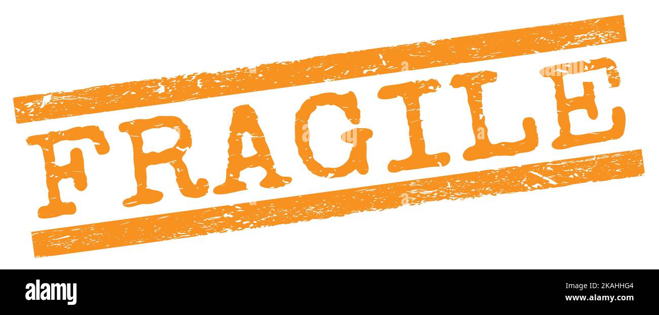 Texte FRAGILE écrit sur le signe orange grungy lignes timbre. Banque D'Images