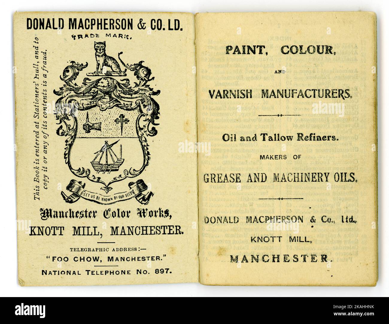 Page intérieure originale du journal de Donald Macpherson & Co Ltd Fabricants d'huiles peintures couleurs et vernis, Knott Mill, Manchester, U.K daté de 1909. Banque D'Images