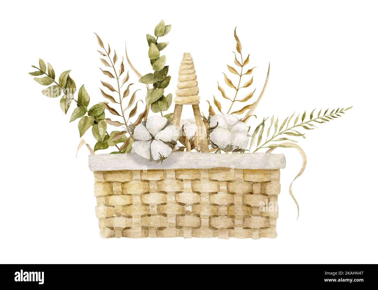 Panier avec fleurs séchées. Aquarelle dessin à la main avec du coton et de l'eucalyptus. Dessin pour des cartes de vœux ou des invitations de mariage. Dessinez sur un arrière-plan isolé dans un style vintage pour l'impression. Banque D'Images