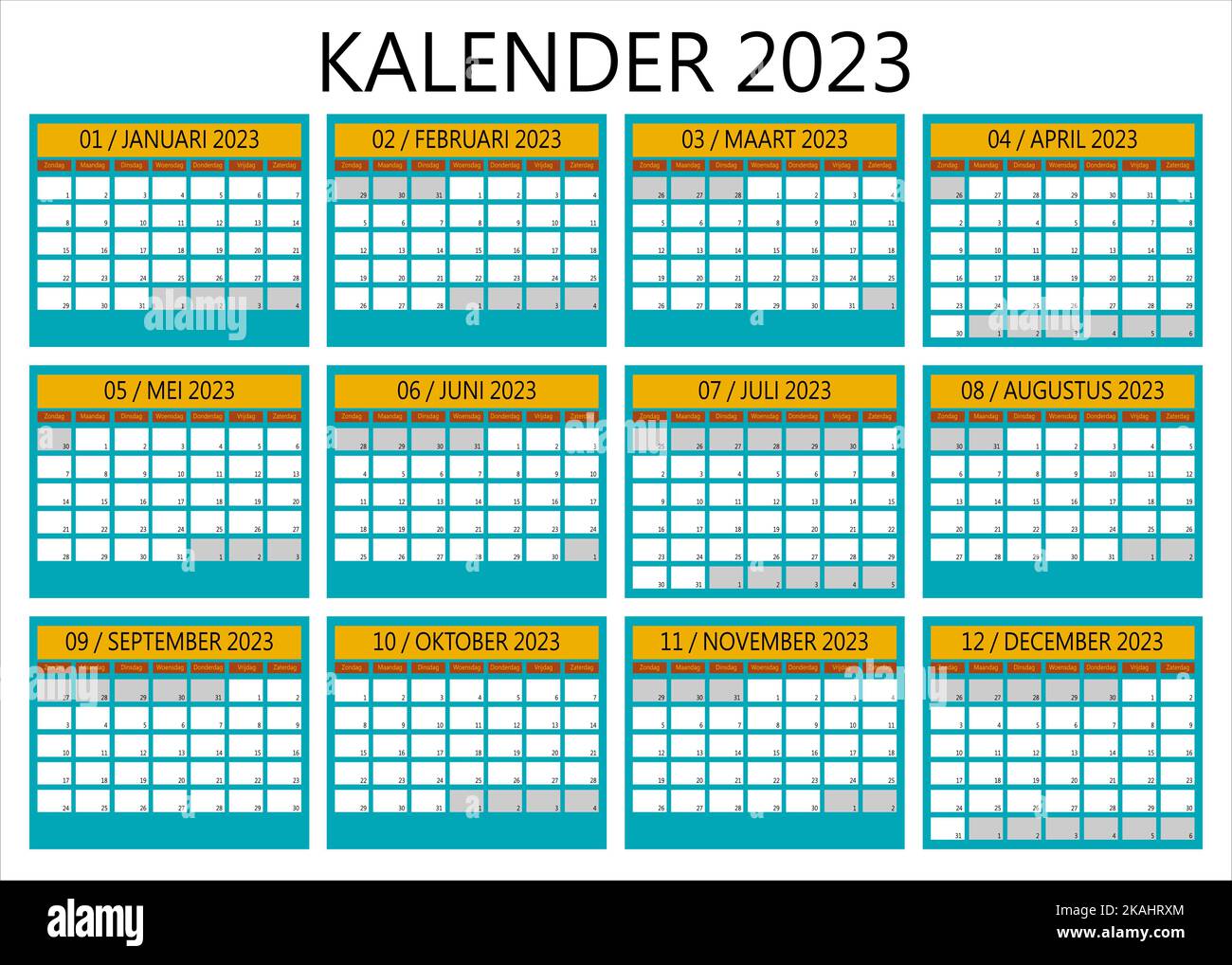 Calendrier vectoriel 2023 en néerlandais avec horaire hebdomadaire à partir du dimanche. Avec couleurs bleu, jaune, marron Illustration de Vecteur