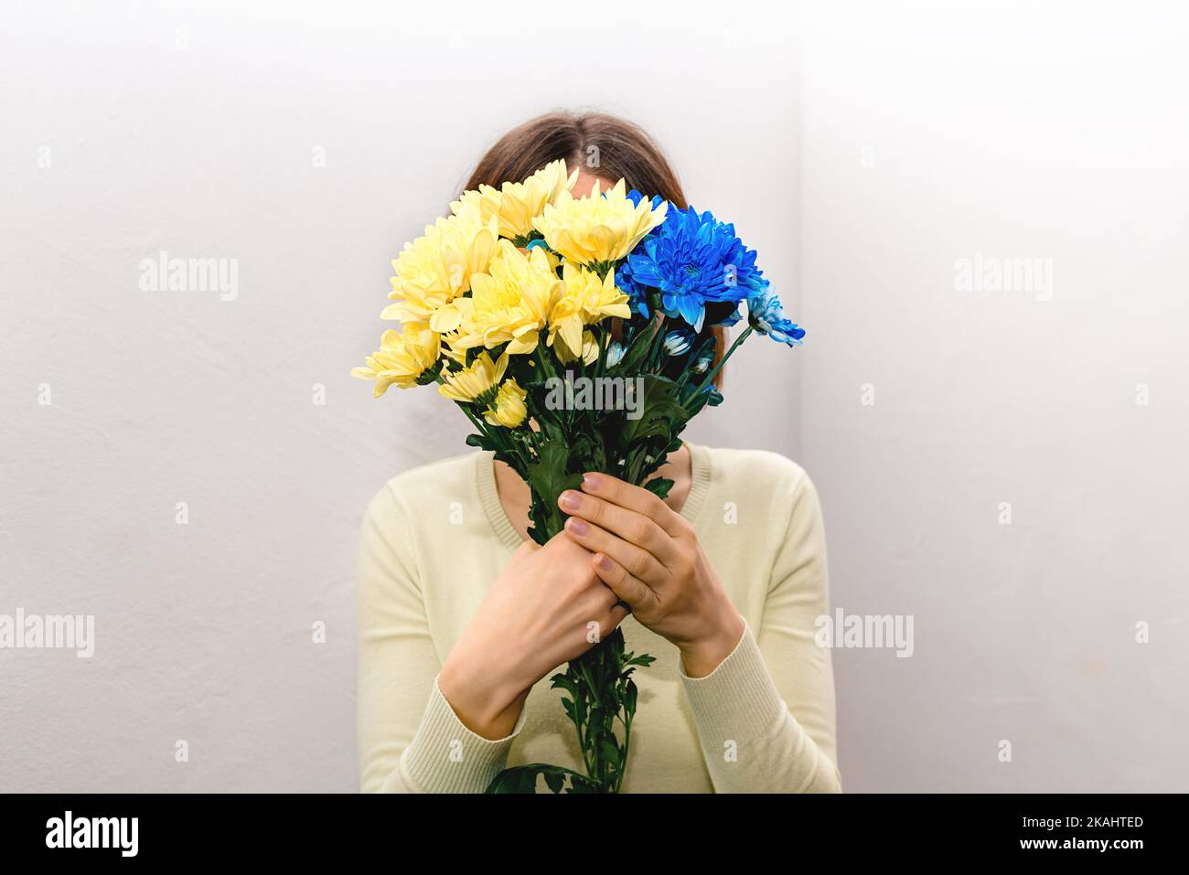Elle tient des fleurs patriotiques bleues et jaunes devant son visage sur fond clair. Peint chrysanthèmes comme le drapeau d'Etat de l'Ukraine. Copier l'espace Banque D'Images