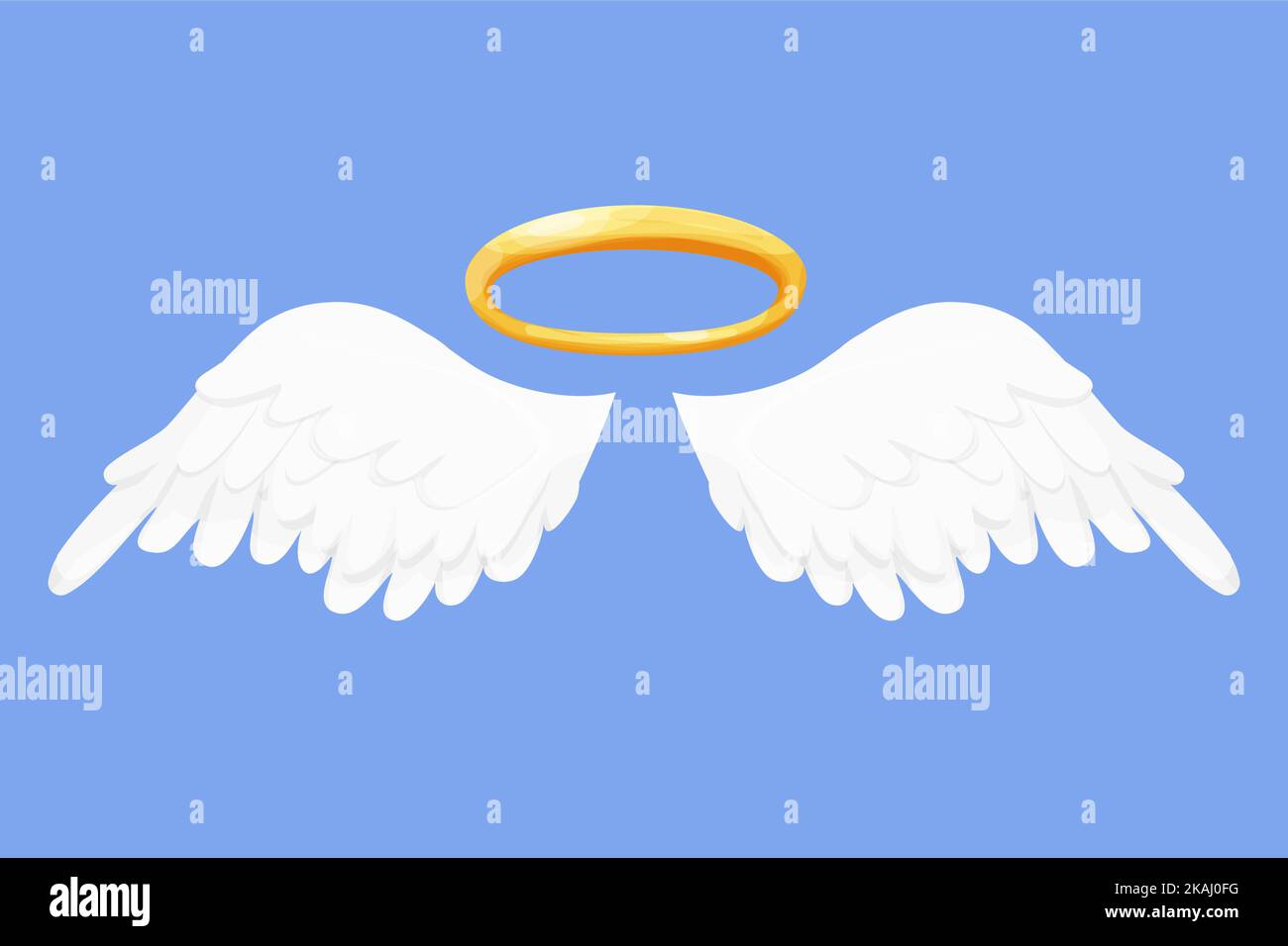 Ailes d'ange blanches avec halo, nimbus en style de dessin animé isolé sur fond bleu, élément de design pour la décoration. Illustration vectorielle Illustration de Vecteur