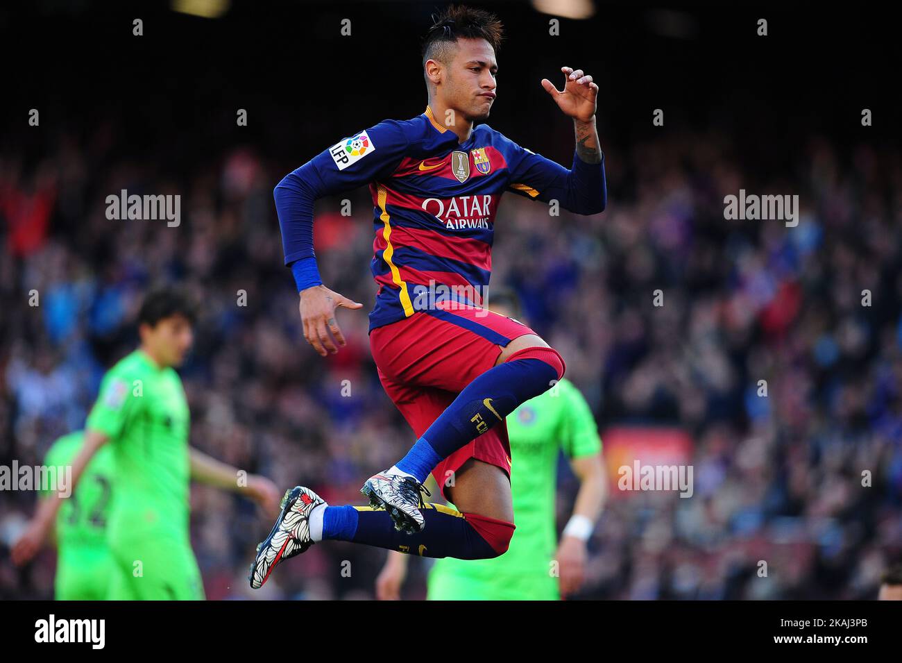 Le joueur de F.C.Barcelona Neymar Jr., célébrant son but, pendant le F.C. Match de la Ligue espagnole de Barcelone contre Getafe, à Barcelone, 12th mars 2016. (Photo de Joan Cros/NurPhoto) *** Veuillez utiliser le crédit du champ de crédit *** Banque D'Images