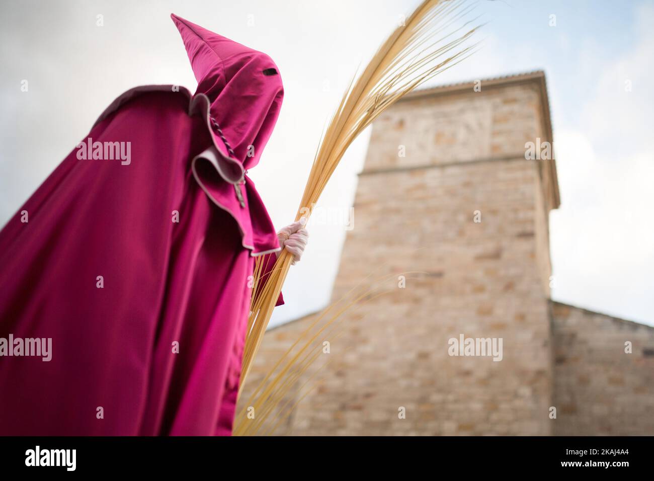 Les Pénitents prennent part à la procession du dimanche des palmiers, qui commémore l'entrée triomphale de Jésus à Jérusalem, en montant sur un âne, à Zamora, en Espagne, sur 20 mars 2016. (Photo de Manuel Bales/NurPhoto) *** Veuillez utiliser le crédit du champ de crédit *** Banque D'Images