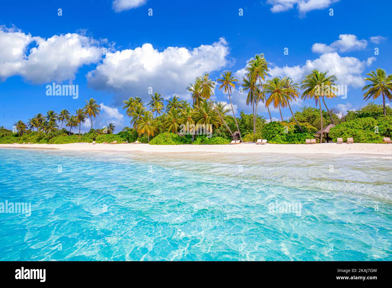 Paysage de la nature d'été. Panorama exotique sur l'île, plage tropicale avec palmiers et ciel bleu nuageux. Vue naturelle depuis le lagon bleu de bord de mer Banque D'Images