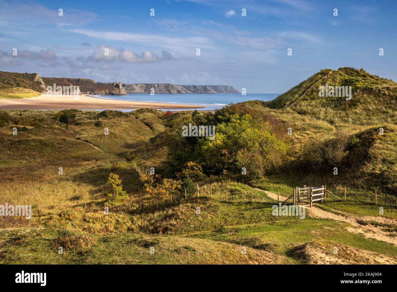 Plage d'Oxwich depuis les dunes de sable des Burrows d'Oxwich sur le sentier de la côte du pays de Galles, péninsule de Gower, pays de Galles Banque D'Images