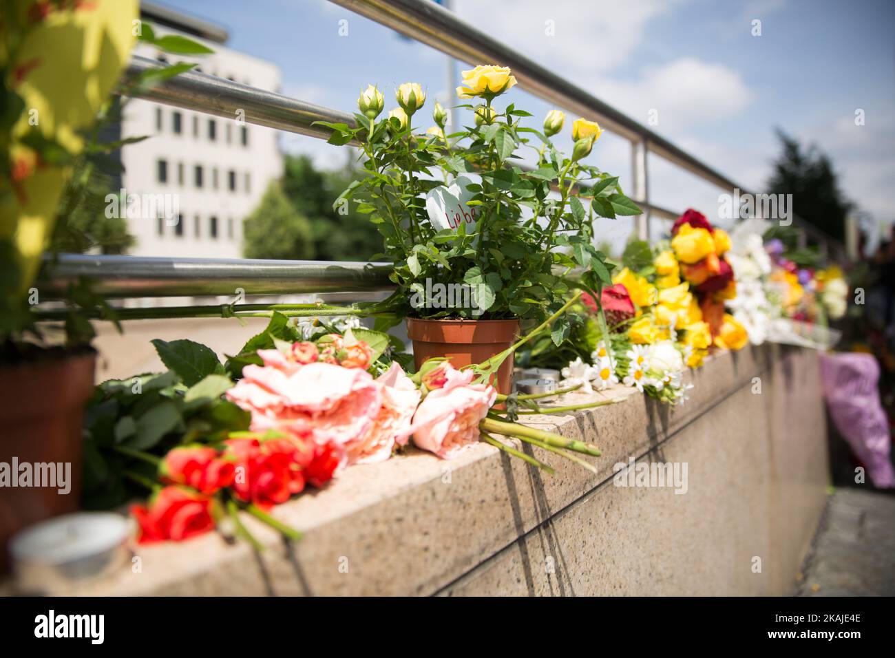 Les gens ont posé des fleurs et des bougies à l'extérieur du centre commercial OEZ le lendemain d'une fusillade qui a fait neuf victimes mortes sur 23 juillet 2016 à Munich, en Allemagne. Selon la police, un Allemand de 18 ans d'origine iranienne a abattu neuf personnes et en a blessé au moins 16 avant de se tirer lui-même dans un parc voisin. Pendant des heures pendant la frénésie et la chasse à la manne suivante, la ville a été paralysée alors que la police a ordonné aux gens de rester à l'extérieur des rues. Les rapports originaux de trois attaquants au maximum semblent avoir été infondés. Le motif du tireur n'est pas clair jusqu'à présent. (Photo de David Speier/NurPhoto) *** Veuillez utiliser le crédit f Banque D'Images