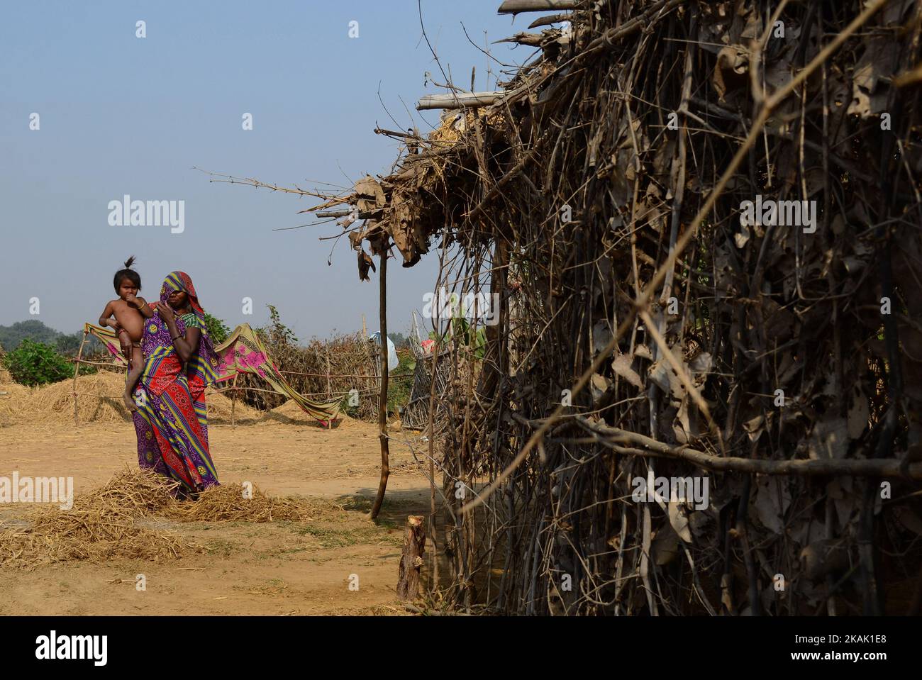 Dans cette photo prise sur 15 décembre,2016,une indienne avec son enfant d'une communauté autochtone 'Kol', attend son mari à l'extérieur de son abri temporaire, qui va prendre de l'eau potable de puits, dans le village de Ralaiora, à environ 80 km d'Allahabad. 'Kol' est l'une des rares communautés autochtones du centre de l'inde. Environ 40 familles avec 200 refuges dans ce village isolé. Les villageois obtiennent leur eau potable d'un puits, à 3 km de leurs abris, car la crise de l'eau potable est le principal et le problème de base dans cette région éloignée. Les hommes gagnent leur vie en travaillant asa base quotidienne labou Banque D'Images