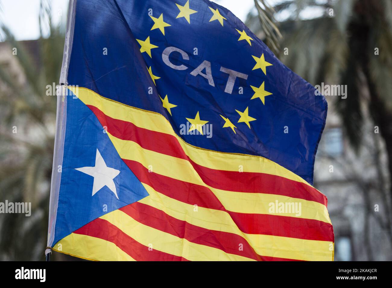 Ambiance de manifestation avec des symboles d'indépendance soutenant Artur Mas, Irene Rigau et Joana Ortega lors de leur promenade à la Cour de justice pour témoigner de l'enquête sur le référendum pour l'indépendance de la Catalogne sur 6 février 2017 à Barcelone, Espagne. (Photo de Xavier Bonilla/NurPhoto) *** Veuillez utiliser le crédit du champ de crédit *** Banque D'Images