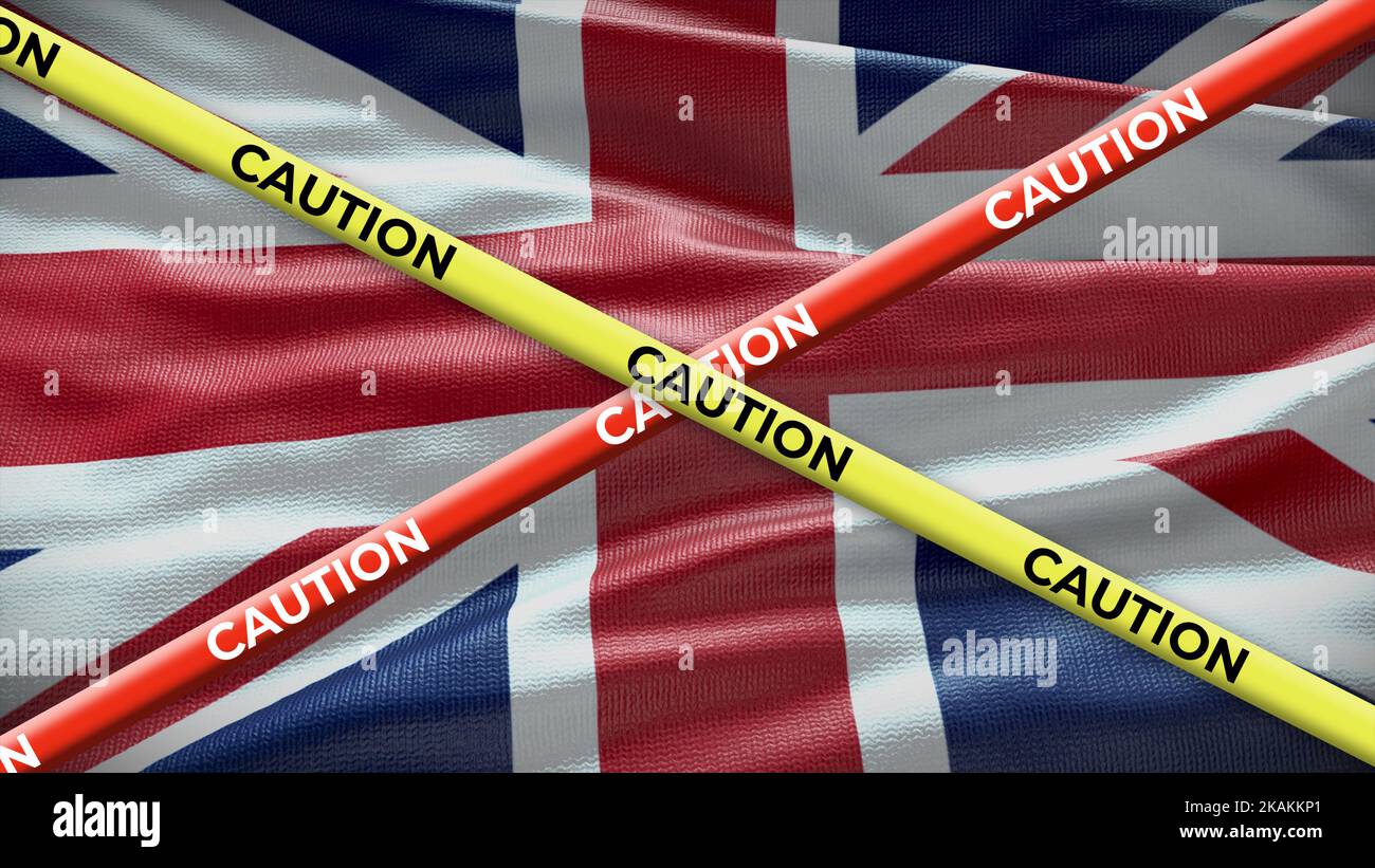 Drapeau national du Royaume-Uni avec bande jaune d'avertissement. Problème dans les nouvelles du pays. 3D illustration. Banque D'Images
