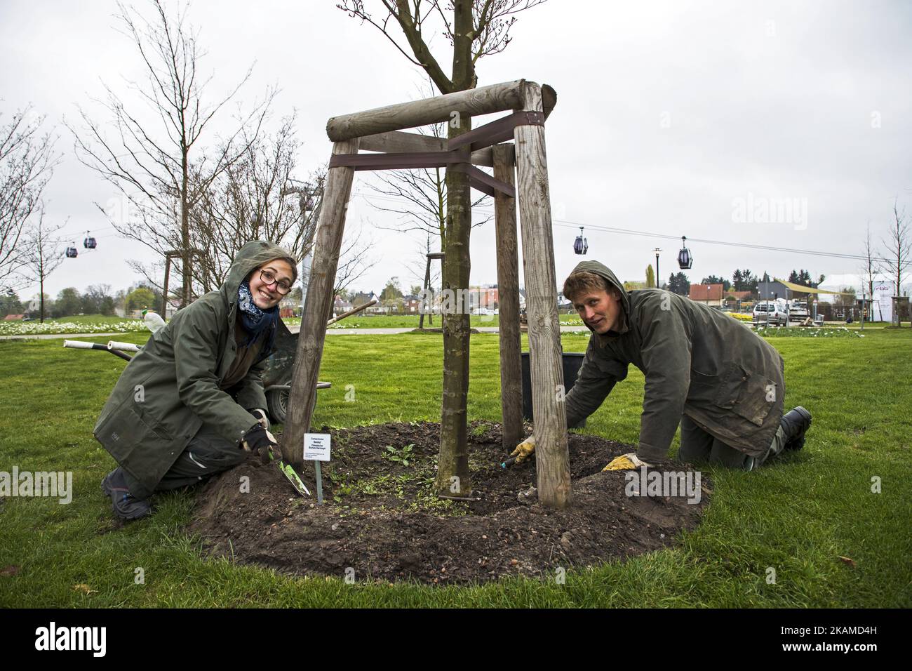 Les ouvriers plantent des fleurs lors d'un aperçu de la presse de l'IGA (International Garden Exhibition) 2017 à Berlin, Allemagne sur 7 avril 2017. Les derniers arrangements sont faits pour l'exposition qui ouvrira de 13 avril jusqu'à 15 octobre 2017 dans le quartier de Marzahn-Hellersdorf et d'accueillir, selon les attentes des organisateurs, environ 2 millions de visiteurs. (Photo par Emmanuele Contini/NurPhoto) *** Veuillez utiliser le crédit du champ de crédit *** Banque D'Images