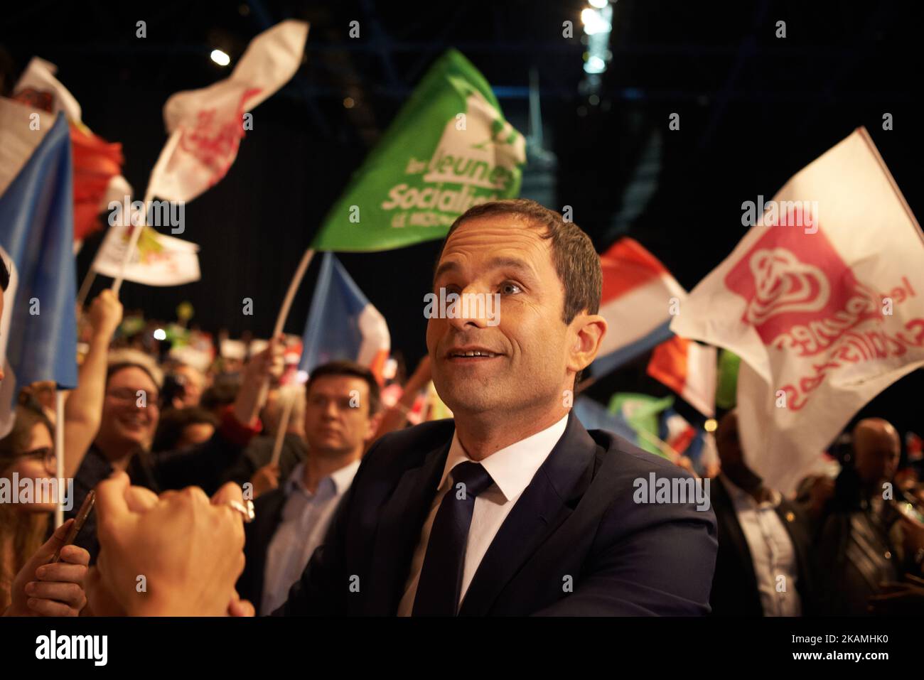 Le candidat français à l'élection présidentielle du parti socialiste français (PS) de gauche, Benoit Hamon, réagit lors d'une réunion de campagne sur 18 avril 2017, à Toulouse, dans le sud-ouest de la France. (Photo d'Alain Pitton/NurPhoto) *** Veuillez utiliser le crédit du champ de crédit *** Banque D'Images