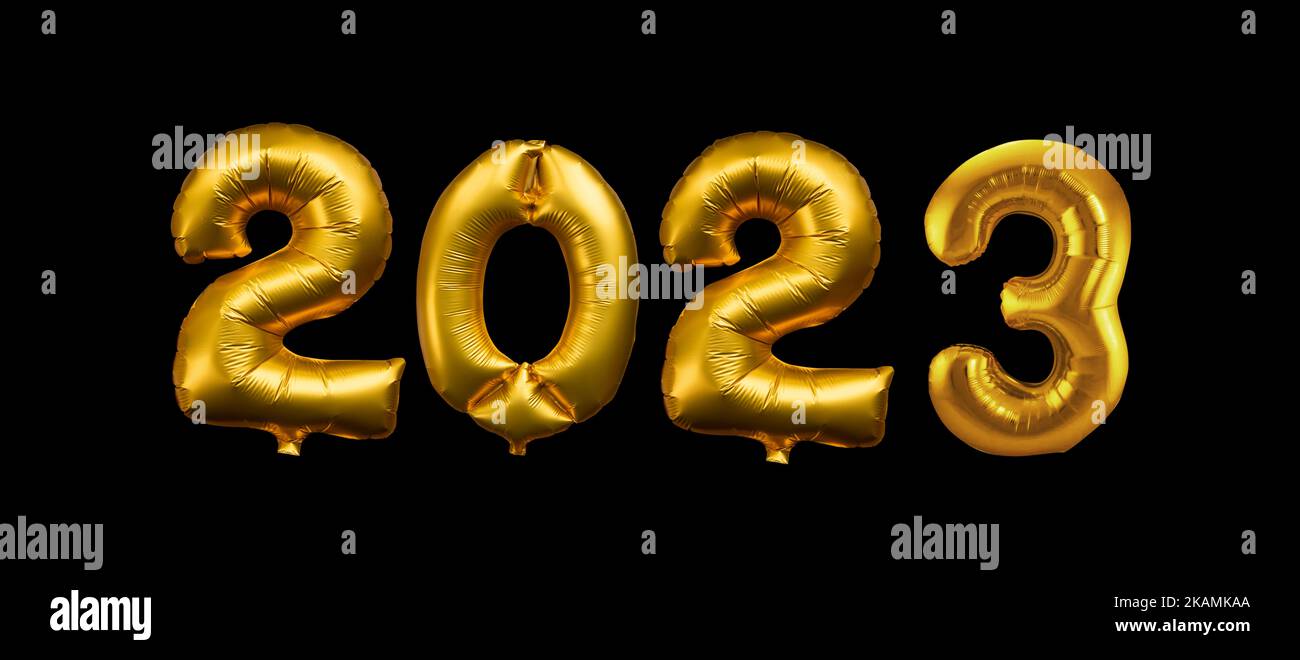 2023 écrit avec des ballons d'or isolés sur fond noir, nouvelle année partie bannière web Banque D'Images