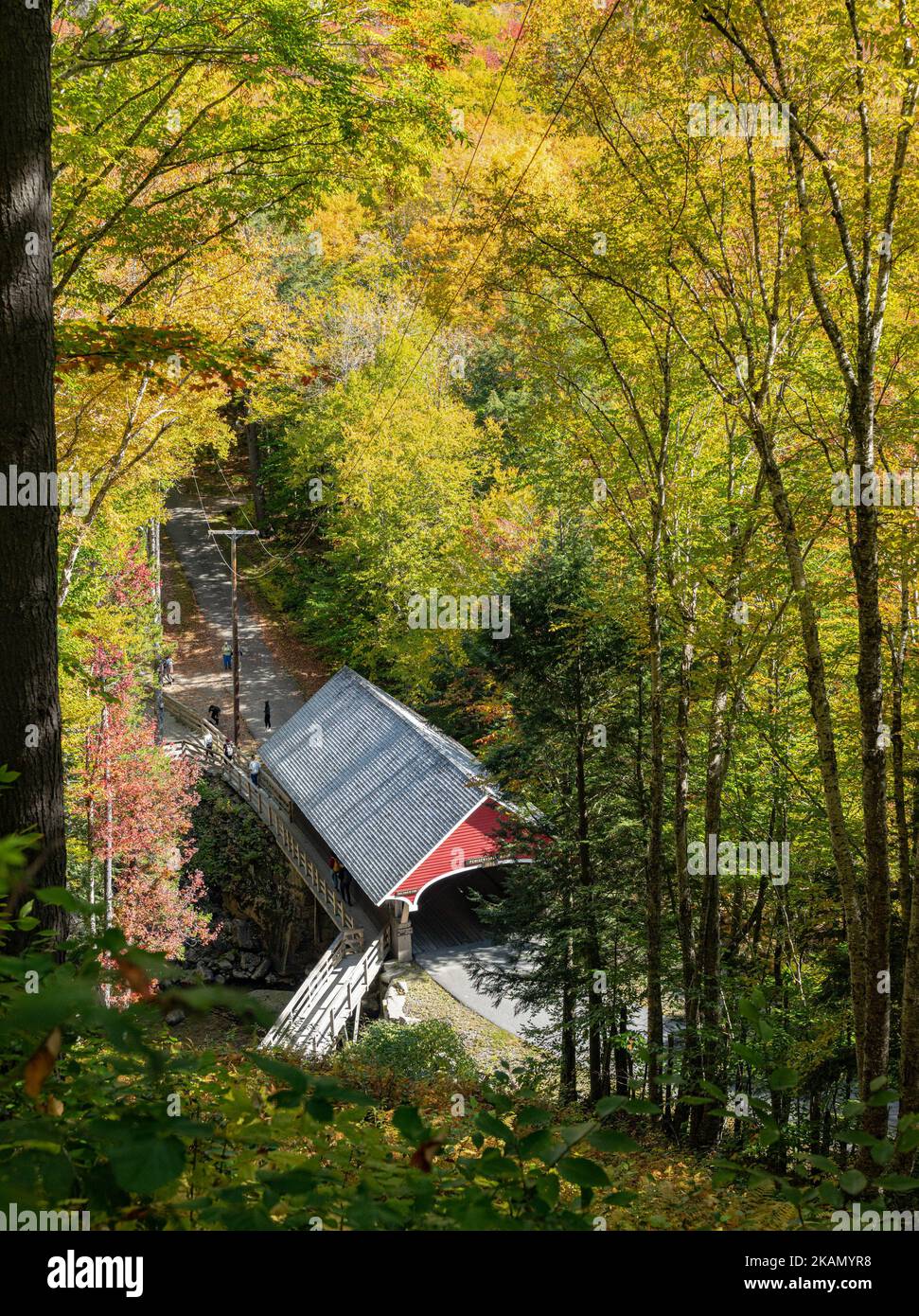 Un cliché vertical d'un pont couvert de rouge à Flume gorge Trek, Franconia Notch Park, New Hampshire Banque D'Images