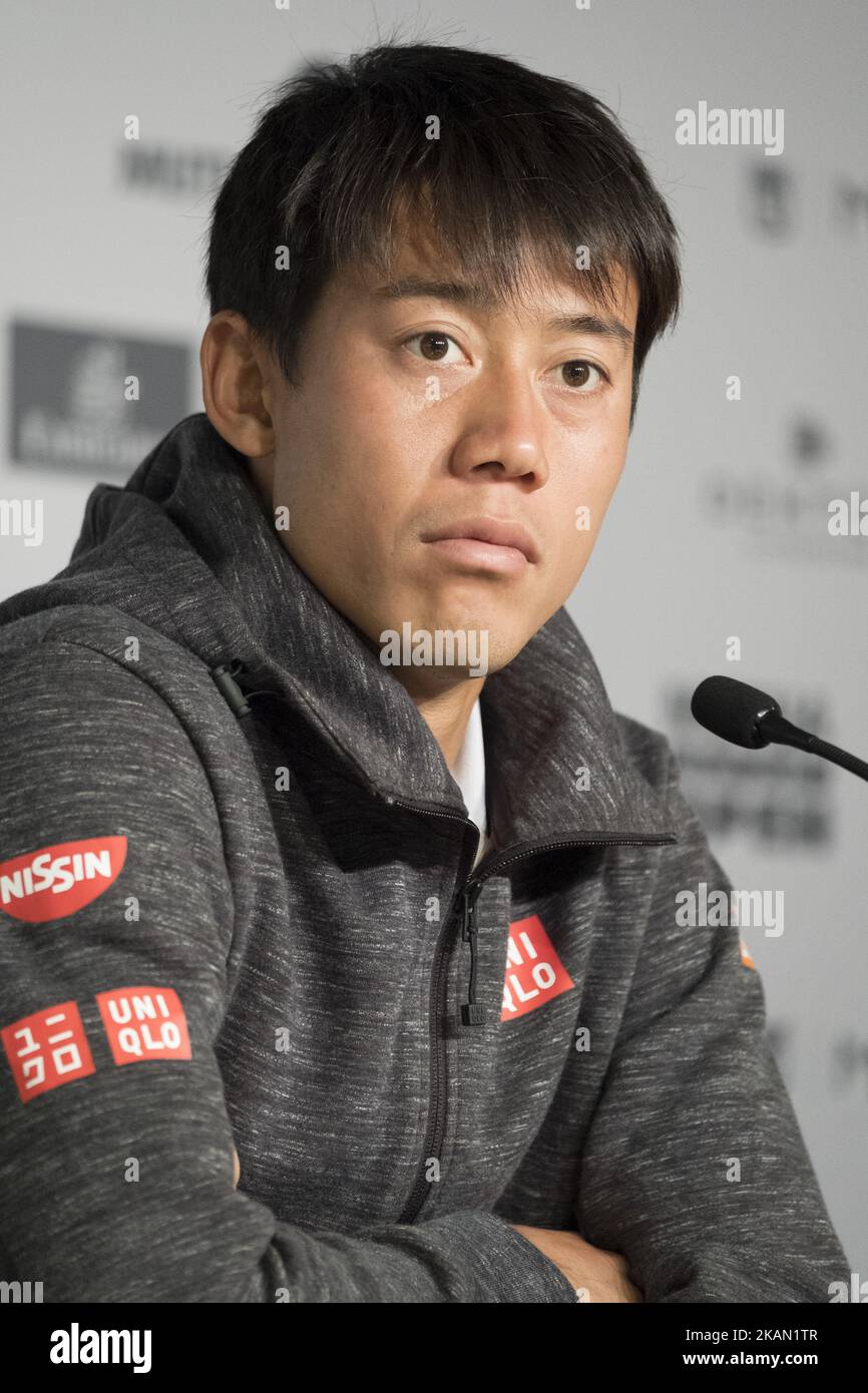 Conférence de presse de Kei Nishikori, sept jours du Mutua Madrid Open de tennis à la Caja Magica sur 12 mai 2017 à Madrid, Espagne. (Photo par Oscar Gonzalez/NurPhoto) *** Veuillez utiliser le crédit du champ de crédit *** Banque D'Images