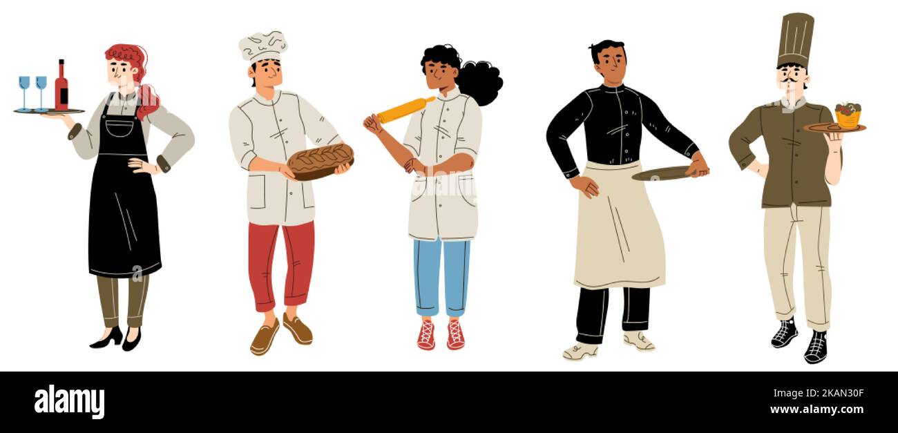 Personnel du restaurant ou du café avec chef, cuisiniers et serveuse. Divers hommes et femmes en tablier, chapeau de chef et uniforme avec pain, plateau avec vin et Illustration de Vecteur