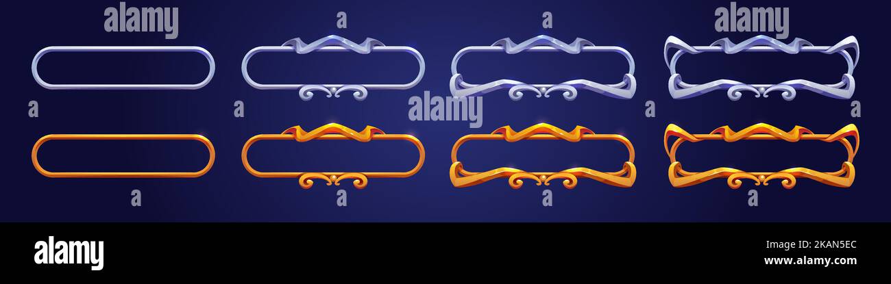 Les cadres de jeu, l'interface couleur argent et or bordent l'évolution de la plaque simple à la plaque de luxe avec des bordures élégantes et courbes. Plaques de niveau horizontal bande dessinée isolée Illustration de Vecteur