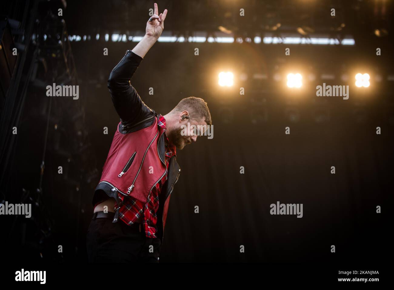 DaN Reynolds du groupe de rock américain imagine Dragons photographiés sur scène lors du Pinkpop Festival 2017 à Landgraaf (pays-Bas) (photo de Roberto Finizio/NurPhoto) *** Veuillez utiliser le crédit du champ de crédit *** Banque D'Images