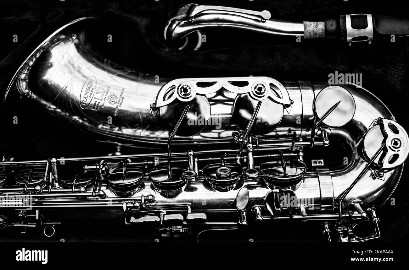 Saxophone ténor en monochrome avec contraste élevé Banque D'Images