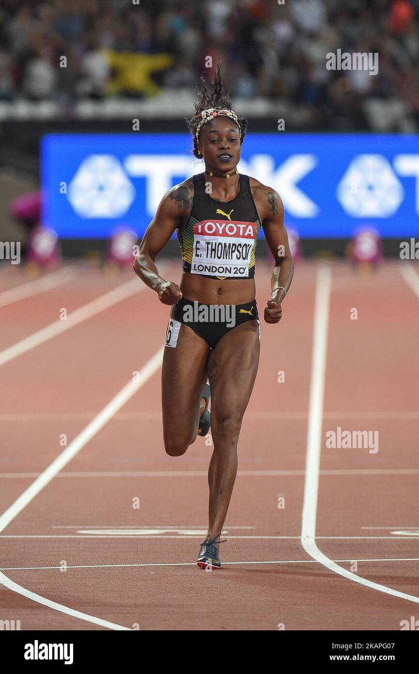 Elaine THOMPSON, Jamaïque, pendant la finale de 100 mètres à Londres sur 6 août 2017 aux Championnats du monde d'athlétisme 2017 de l'IAAF. (Photo par Ulrik Pedersen/NurPhoto) *** Veuillez utiliser le crédit du champ de crédit *** Banque D'Images