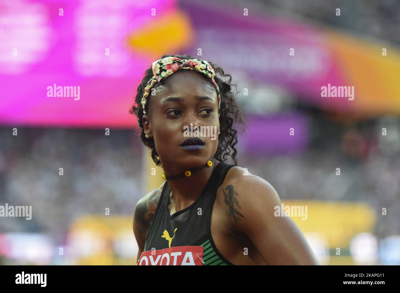 Elaine THOMPSON, Jamaïque, après un demi-tour de 100 mètres à Londres sur 6 août 2017 aux Championnats du monde d'athlétisme 2017 de l'IAAF. (Photo par Ulrik Pedersen/NurPhoto) *** Veuillez utiliser le crédit du champ de crédit *** Banque D'Images