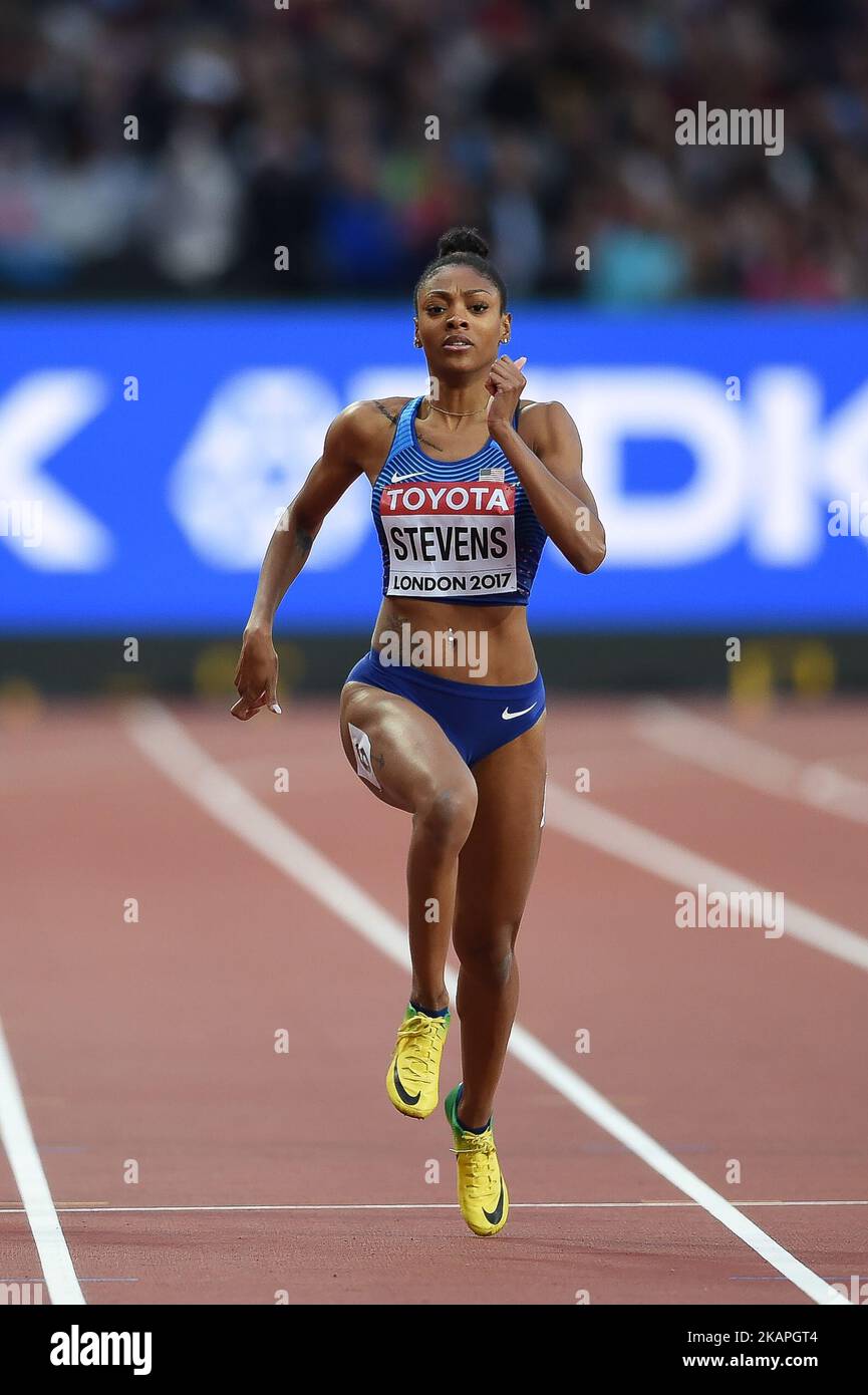 Deajah STEVENS, Etats-Unis, pendant les 200 mètres de chauffe à Londres, Royaume-Uni aux Championnats du monde de l'IAAF 2017 athlétisme sur 8 août 2017. (Photo par Ulrik Pedersen/NurPhoto) *** Veuillez utiliser le crédit du champ de crédit *** Banque D'Images