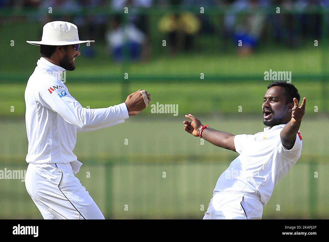 Malinda Pushpakumara, cricketer sri-lankais, célèbre le licenciement du batteur indien Ajinkya Rahane (invisible) avec le capitaine de cricket sri-lankais Dinesh Chandimal(L) lors de la partie de 1st jours du Test Match de 3rd entre le Sri Lanka et l'Inde au stade de cricket international Pallekele, Kandy, Sri Lanka, le samedi 12 août 2017. (Photo de Thharaka Basnayaka/NurPhoto) *** Veuillez utiliser le crédit du champ de crédit *** Banque D'Images