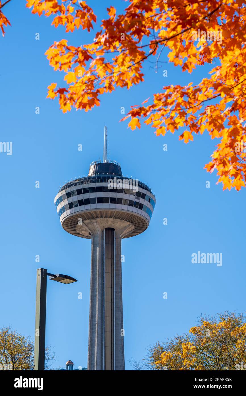 Niagara Falls, Ontario, Canada - octobre. Tour Skylon, feuilles d'érable d'automne sur ciel bleu. Feuillage d'automne à Niagara Falls City. Banque D'Images