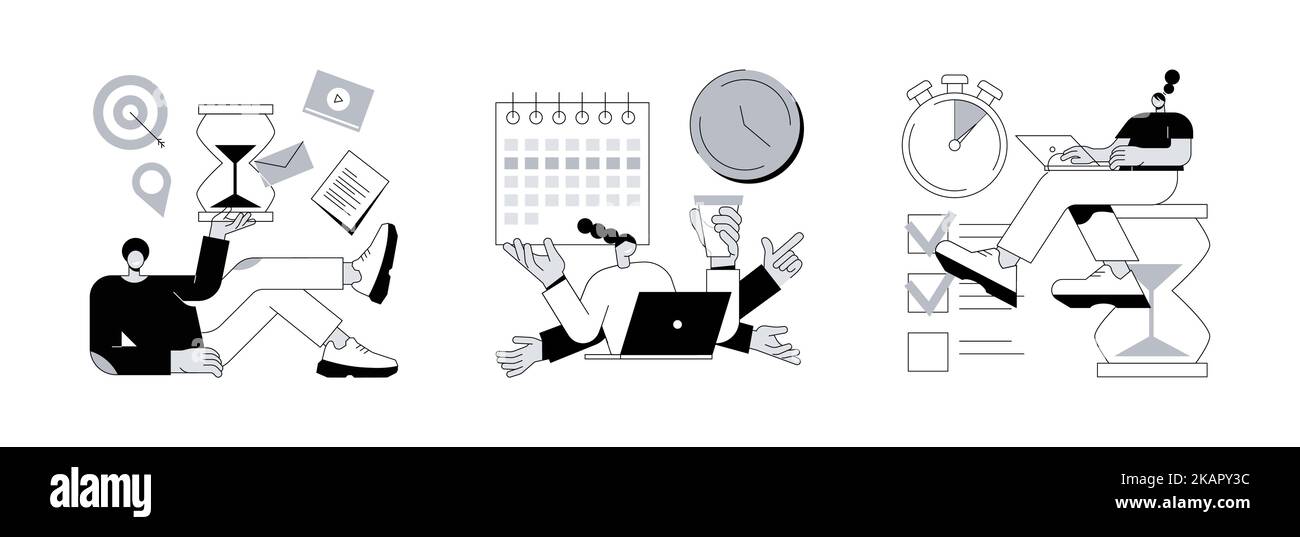 Ensemble d'illustrations vectorielles abstraites de performance des employés et d'auto-organisation. Gestion de soi et du temps, productivité, logiciel de motivation, planification d'emploi efficace, métaphore abstraite de contrôle. Illustration de Vecteur