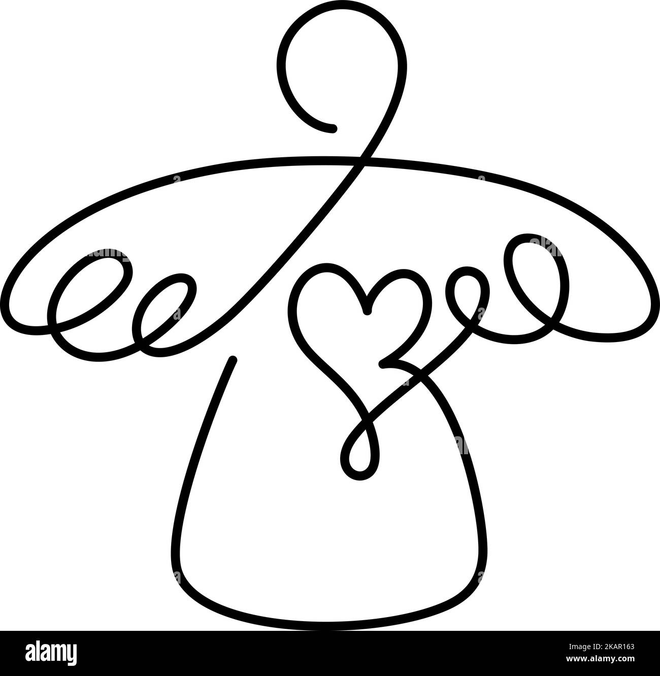 Ange de Noël simple vectoriel avec coeur, dessin continu d'une ligne