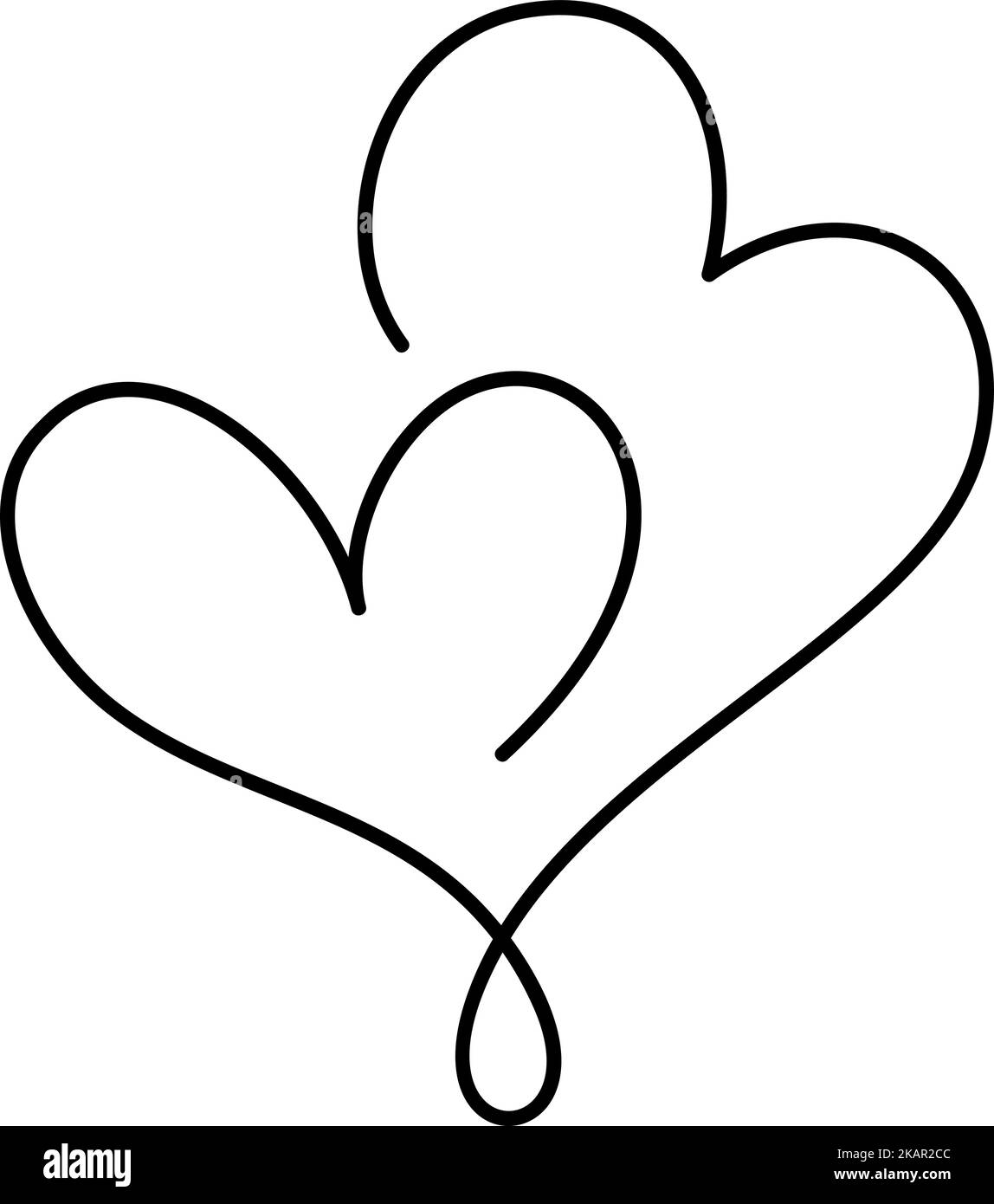 Deux coeurs monoline de noël dessinés à la main une ligne. Logo vecteur symbole d'illustration romantique paires de symboles et mariage. Calligraphie Design plat Illustration de Vecteur