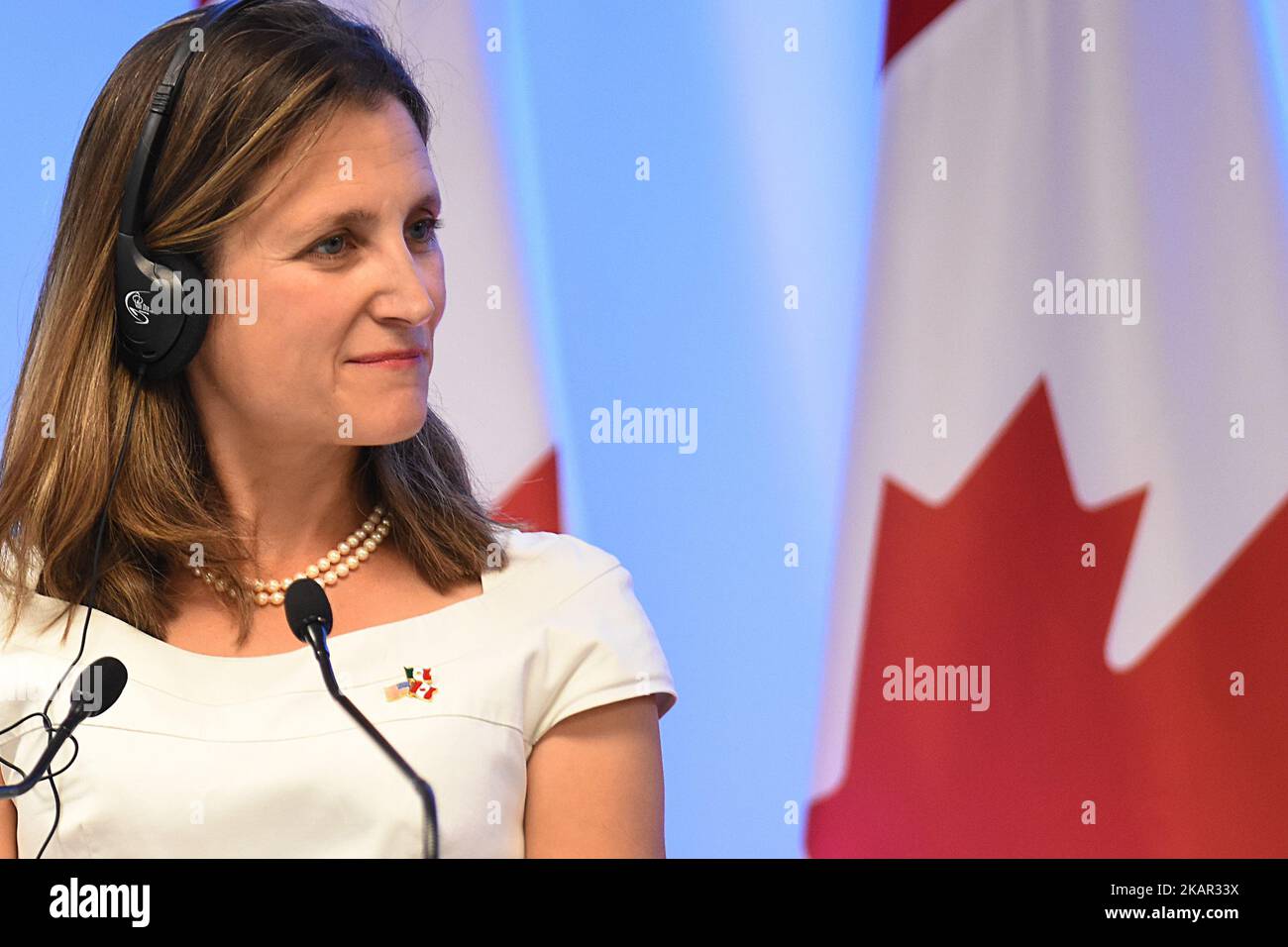 Chrystia Freeland, ministre des Affaires étrangères du Canada, est vu lors de son discours lors d'une rencontre avec les médias dans le cadre de la deuxième série de négociations de l'ALENA sur le 05 septembre 2017 à Mexico (Mexique) (photo de Carlos Tischler/NurPhoto) Banque D'Images