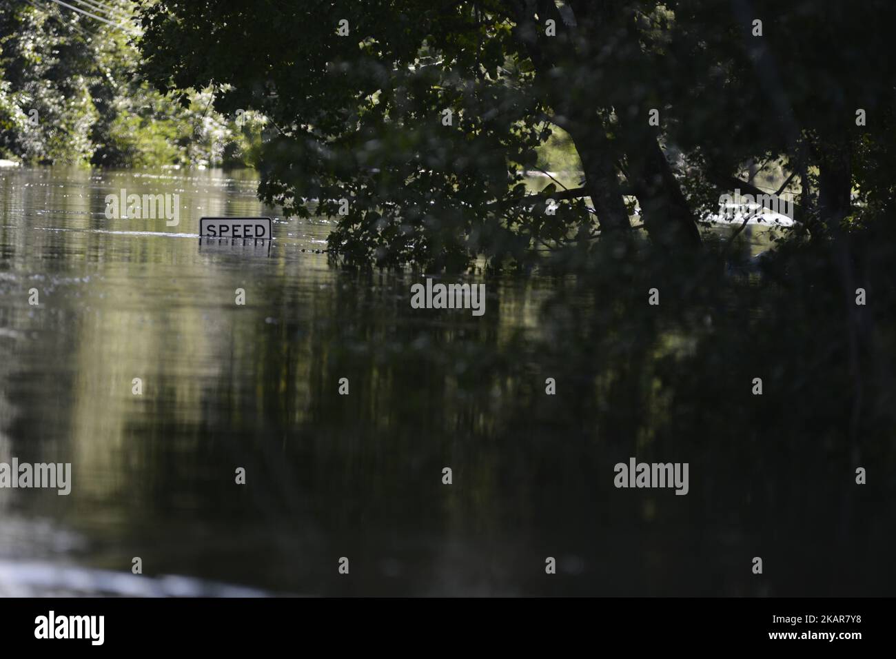 La hauteur d'un panneau de vitesse indique la hauteur des niveaux d'eau à Scenic Drive, à Middleburg, Floride, États-Unis, on 12 septembre, 2017. Les structures résidentielles près de Black Creek, comté de Clay, Floride sont submergées par des inondations historiques de 28,5 pieds après que l'ouragan Irma a pris un virage inattendu et a causé des dommages importants dans la région. (Photo de Bastiaan Slabbers/NurPhoto) Banque D'Images