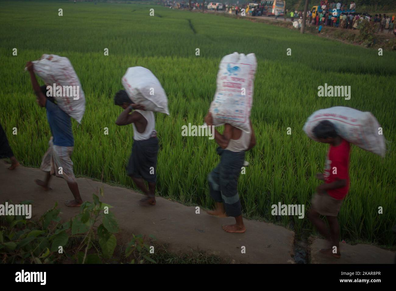 Les réfugiés de Rohingya retournent au camp de réfugiés de Balukhali après avoir reçu des secours. Chittagong, Bangladesh. 15 septembre 2017. Le Bangladesh utilisera des troupes pour fournir une aide étrangère à la ville frontalière submergée par les réfugiés musulmans Rohingya du Myanmar, ont annoncé à la fin du 14 septembre. Cette décision fait suite à la critique des conditions chaotiques dans lesquelles les secours ont été distribués dans les immenses camps autour de Cox's Bazar, où environ 389 000 Rohingya de l'État Rakhine du Myanmar sont arrivés depuis 25 août. (Photo de Turjoy Chowdhury/NurPhoto) Banque D'Images