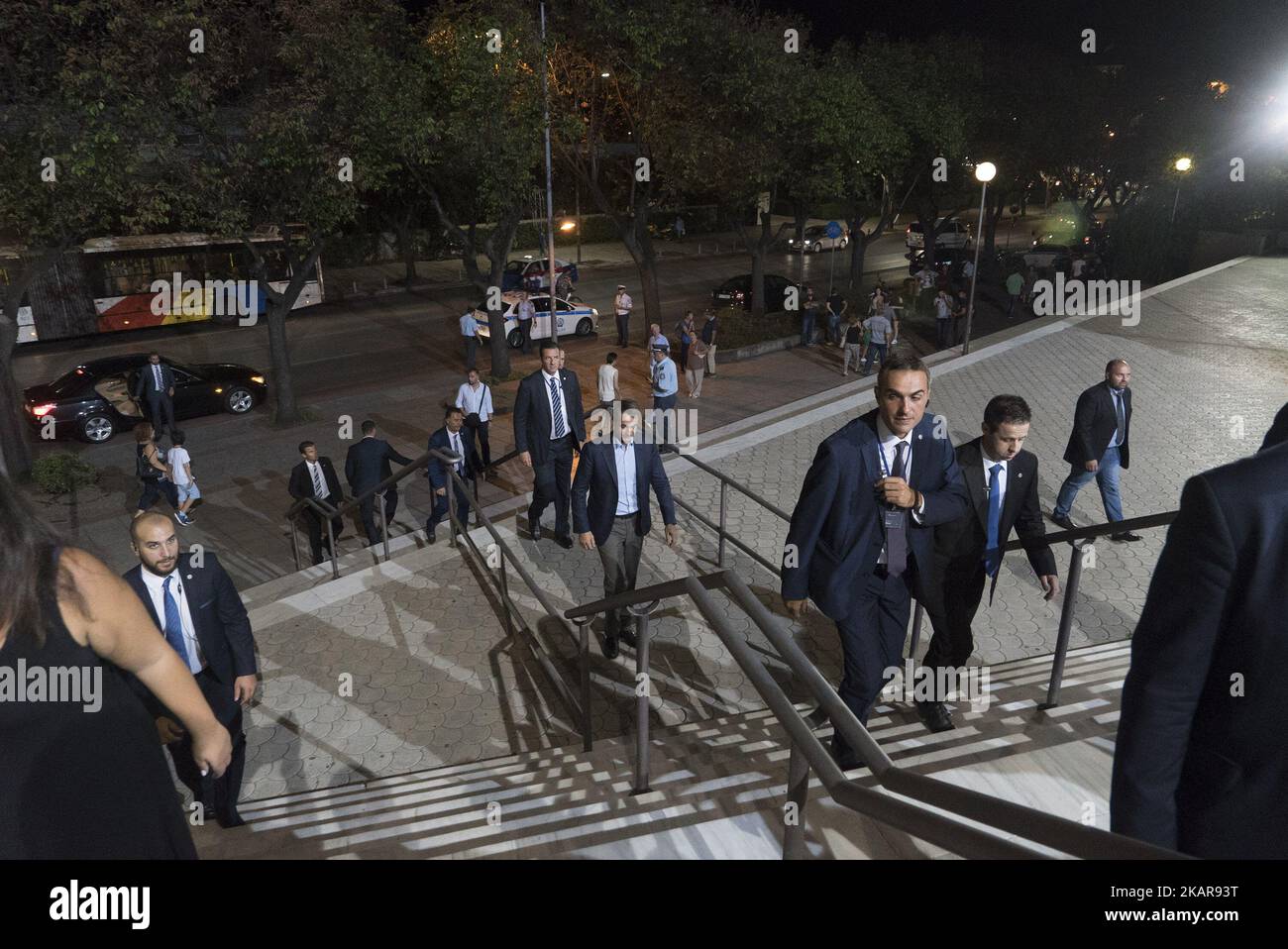 Le chef de l'opposition Kyriakos Mitsotakis, du parti politique conservateur grec Nouvelle démocratie, dans le hall des congrès de Thessalonique, en Grèce, lors de son discours annuel en tant que chef politique lors de la foire internationale de Thessalonique. (Photo de Nicolas Economou/NurPhoto) Banque D'Images