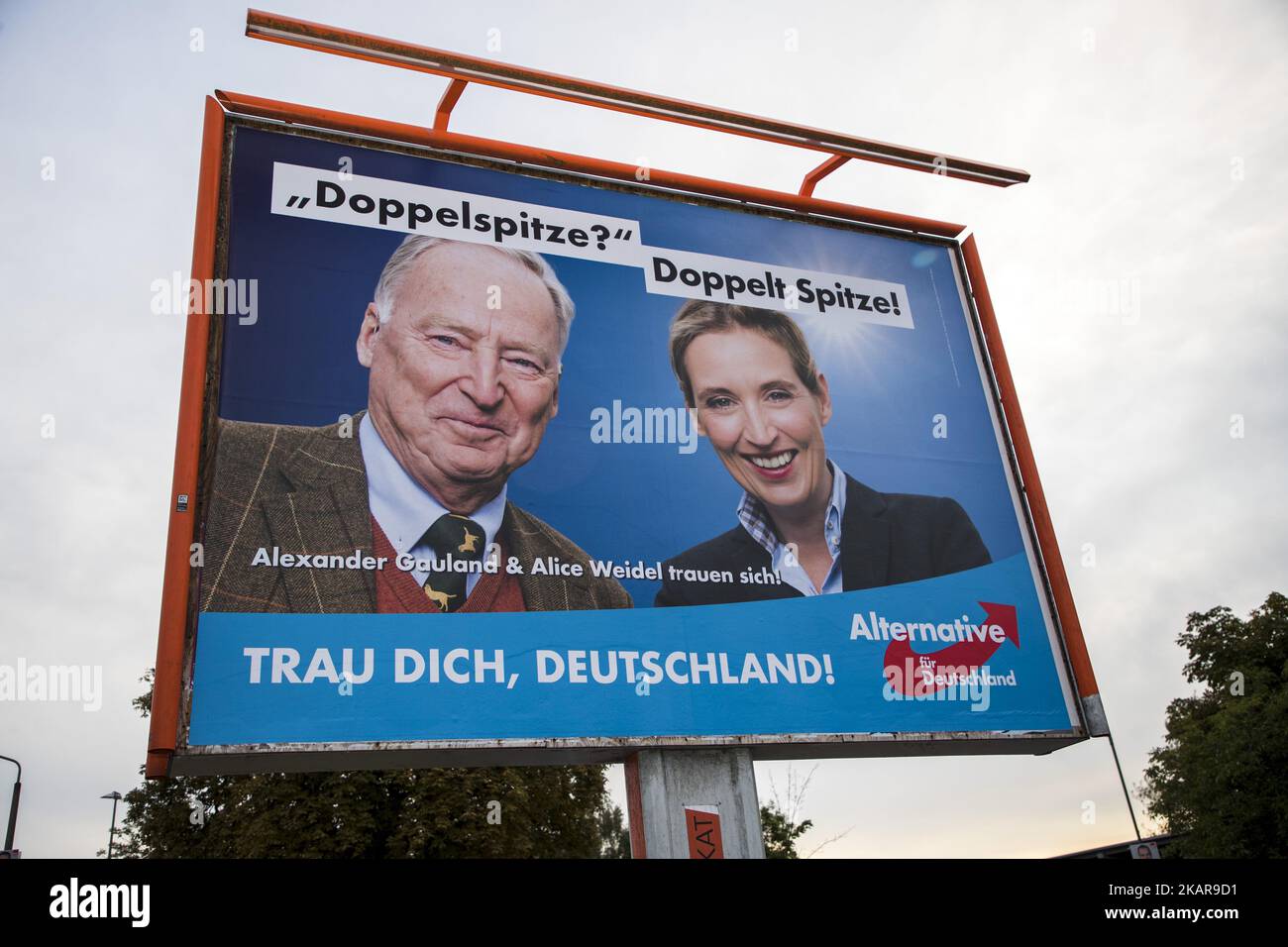 Une affiche électorale représentant les principaux candidats Alexander Gauland et Alice Weidel du parti populiste de droite alternative fuer Deutschland (alternative pour l'Allemagne, AfD) est photographiée dans le district de Marzahn à Berlin, en Allemagne, sur 15 septembre 2017. (Photo par Emmanuele Contini/NurPhoto) Banque D'Images