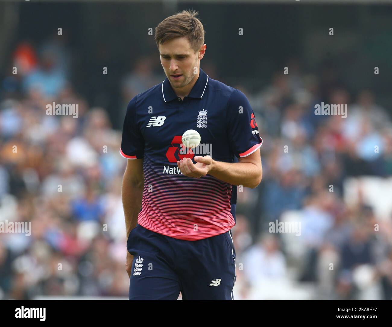 Chris Woakes d'Angleterre lors du match de la série internationale d'une journée du Royal London en 4th entre l'Angleterre et les Antilles au Kia Oval, Londres, le 27 septembre 2017 (photo de Kieran Galvin/NurPhoto) Banque D'Images