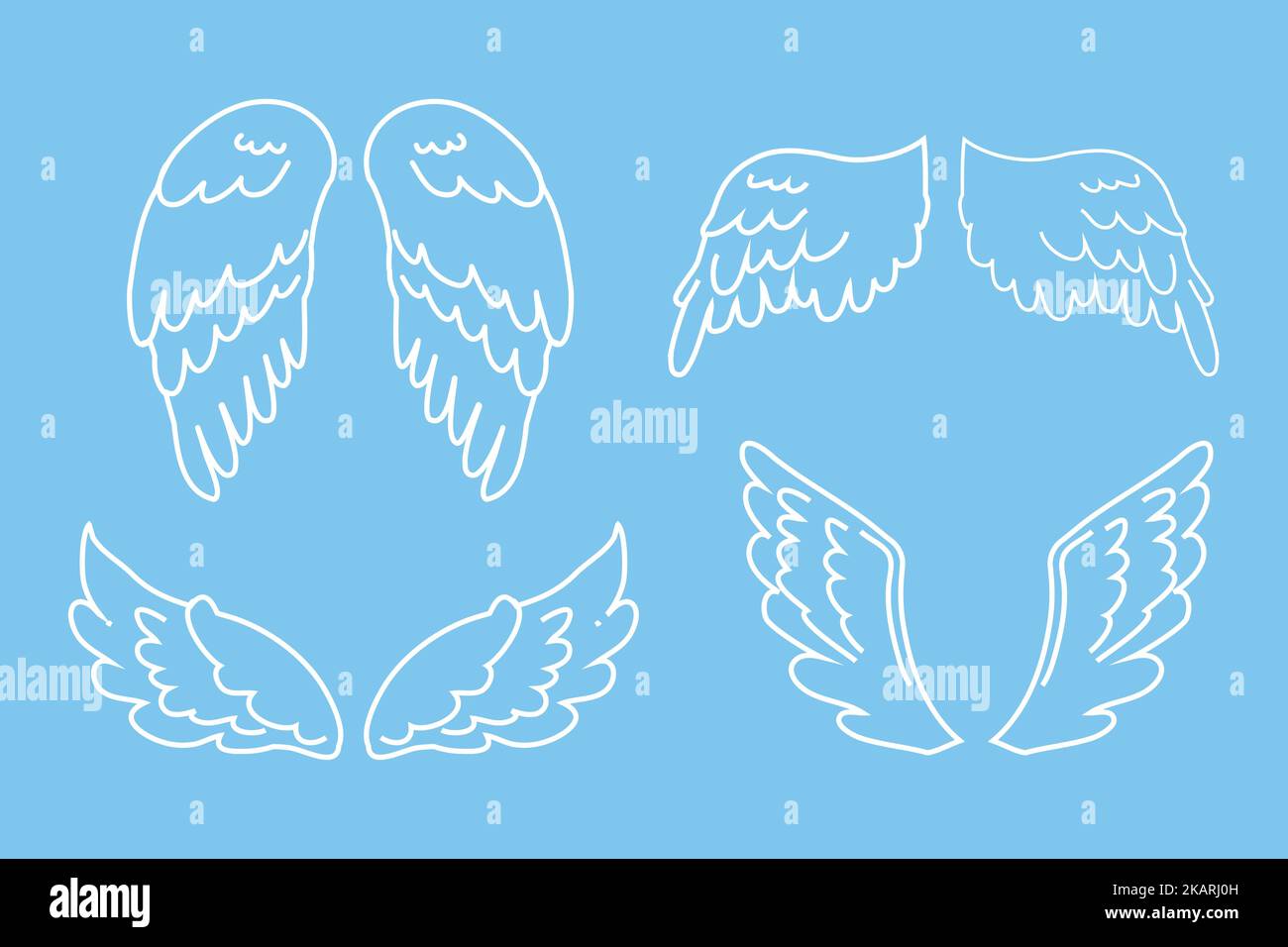 Set Angel ailes contour blanc couleur dans le style de dessin animé isolé sur fond bleu, élément de conception pour la décoration. Illustration vectorielle Illustration de Vecteur
