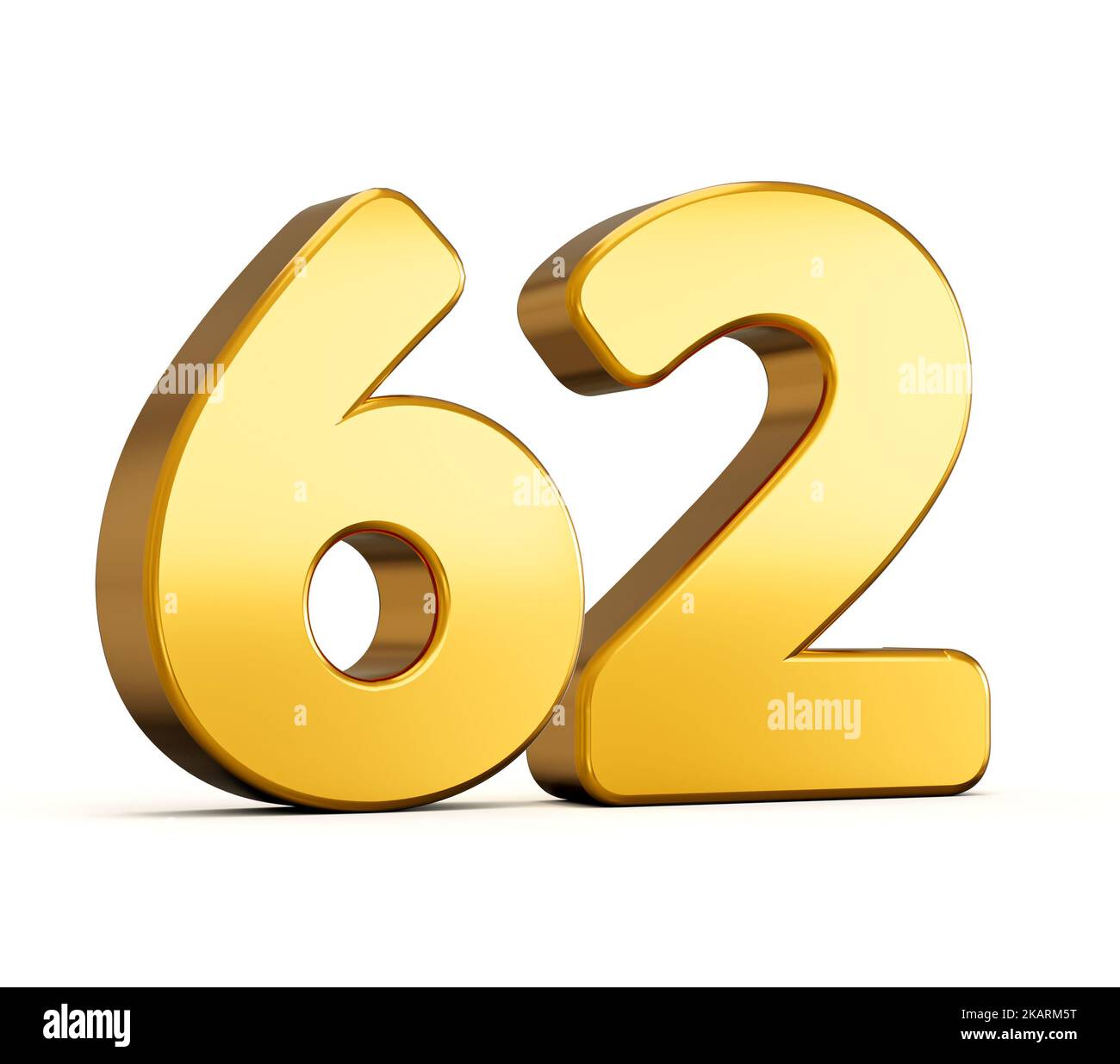 3d illustration du nombre doré soixante-deux ou 62 isolé sur fond blanc avec ombre. Banque D'Images