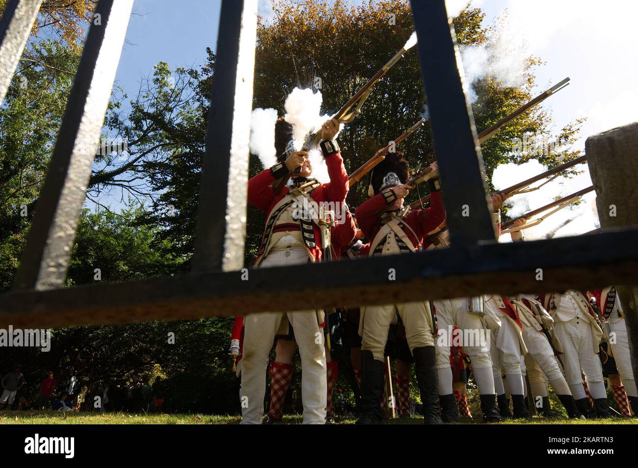 Reconstitution annuelle de la bataille de Germantown lors du festival révolutionnaire de Germantown sur le terrain de Cliveden, dans le nord-ouest de Philadelphie, sur 7 octobre 2017. (Photo de Bastiaan Slabbers/NurPhoto) Banque D'Images