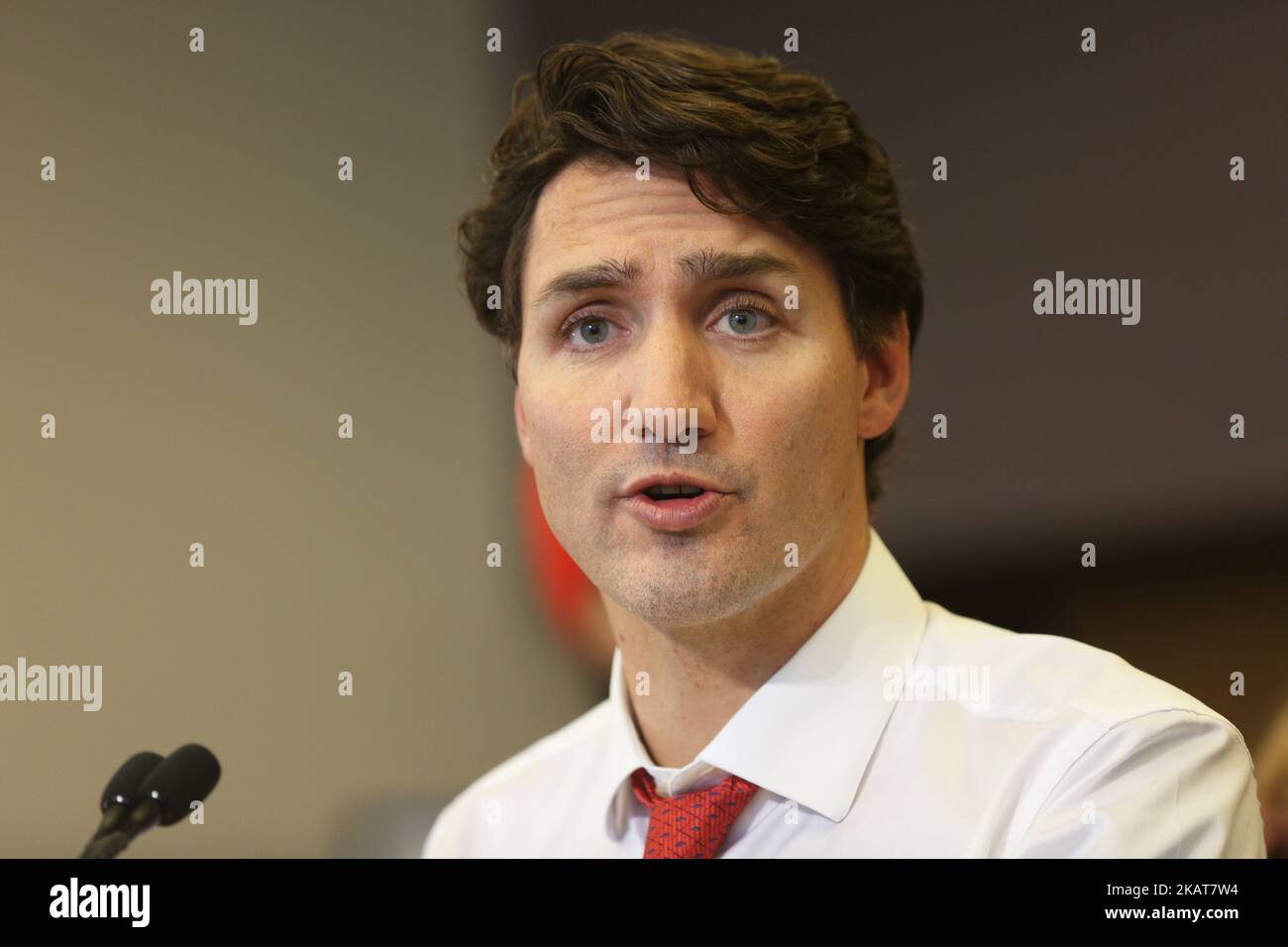 Le Premier ministre canadien Justin Trudeau fait des remarques sur les changements apportés à la prestation canadienne pour enfants lors d'une conférence de presse tenue à 2 novembre 2017, à Brampton, en Ontario, au Canada. (Photo de Creative Touch Imaging Ltd./NurPhoto) Banque D'Images