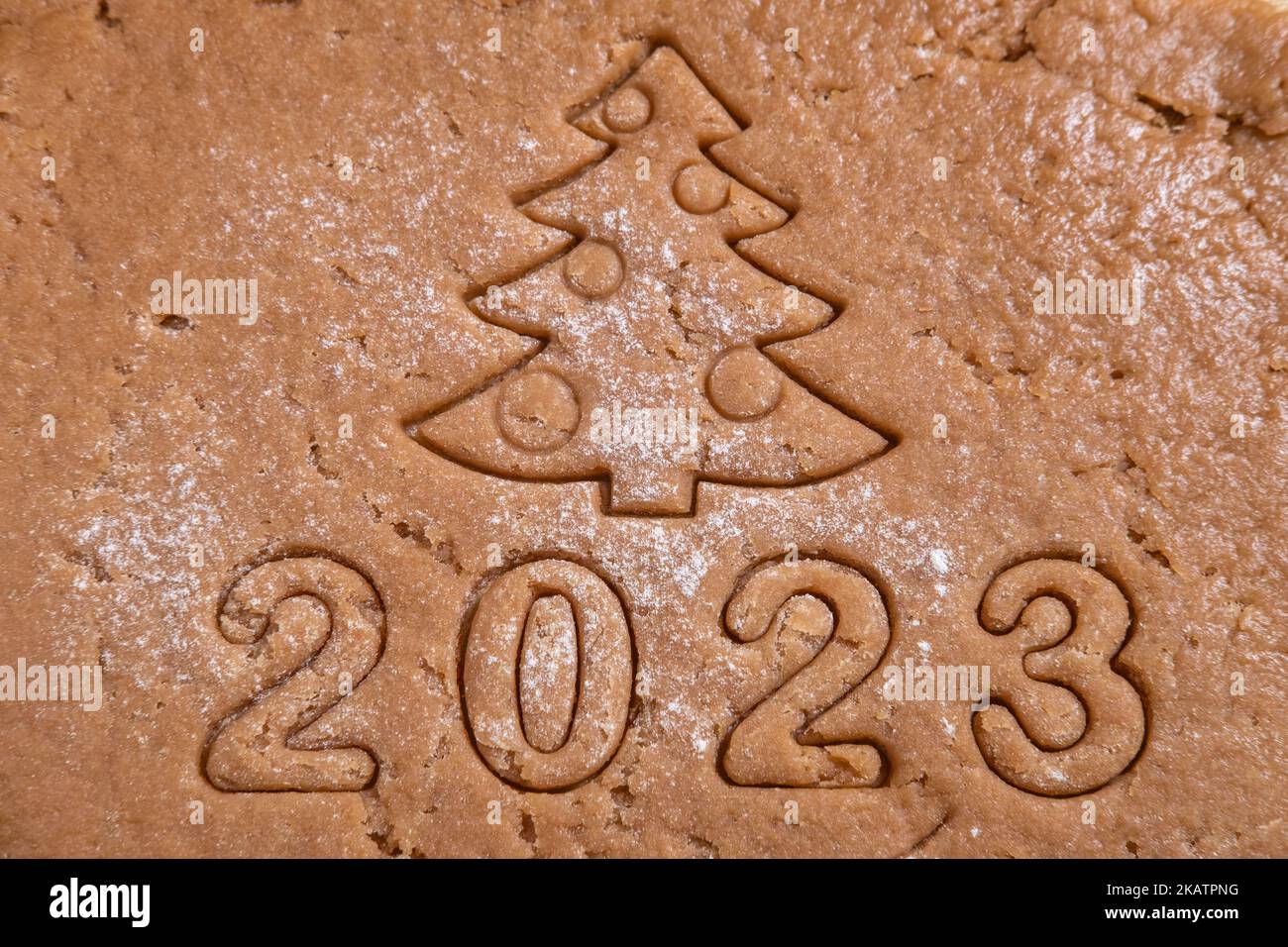 Les chiffres de l'année 2023 et l'arbre de Noël sont coupés de pâte de pain d'épice. Nous cuisons du pain d'épice maison à la maison. Carte du nouvel an de la t Banque D'Images