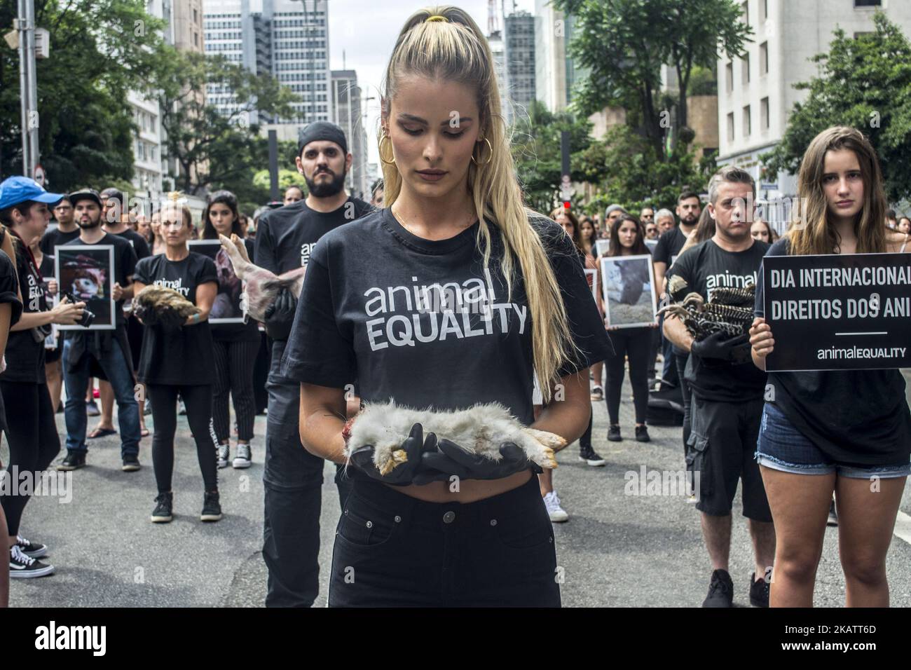 Organisé chaque année par l'organisation internationale des droits des animaux Igualdad Animal (Animal Egalité des animaux), Une manifestation de protestation avec plus de 400 militants et partisans des droits des animaux a été organisée en noir et a tenu des photos d'animaux et d'autres aides visuelles pour attirer l'attention sur les souffrances et l'assassinat délibéré d'animaux le 11 décembre 2017 à Sao Paulo, au Brésil. (Photo de Cris Faga/NurPhoto) Banque D'Images