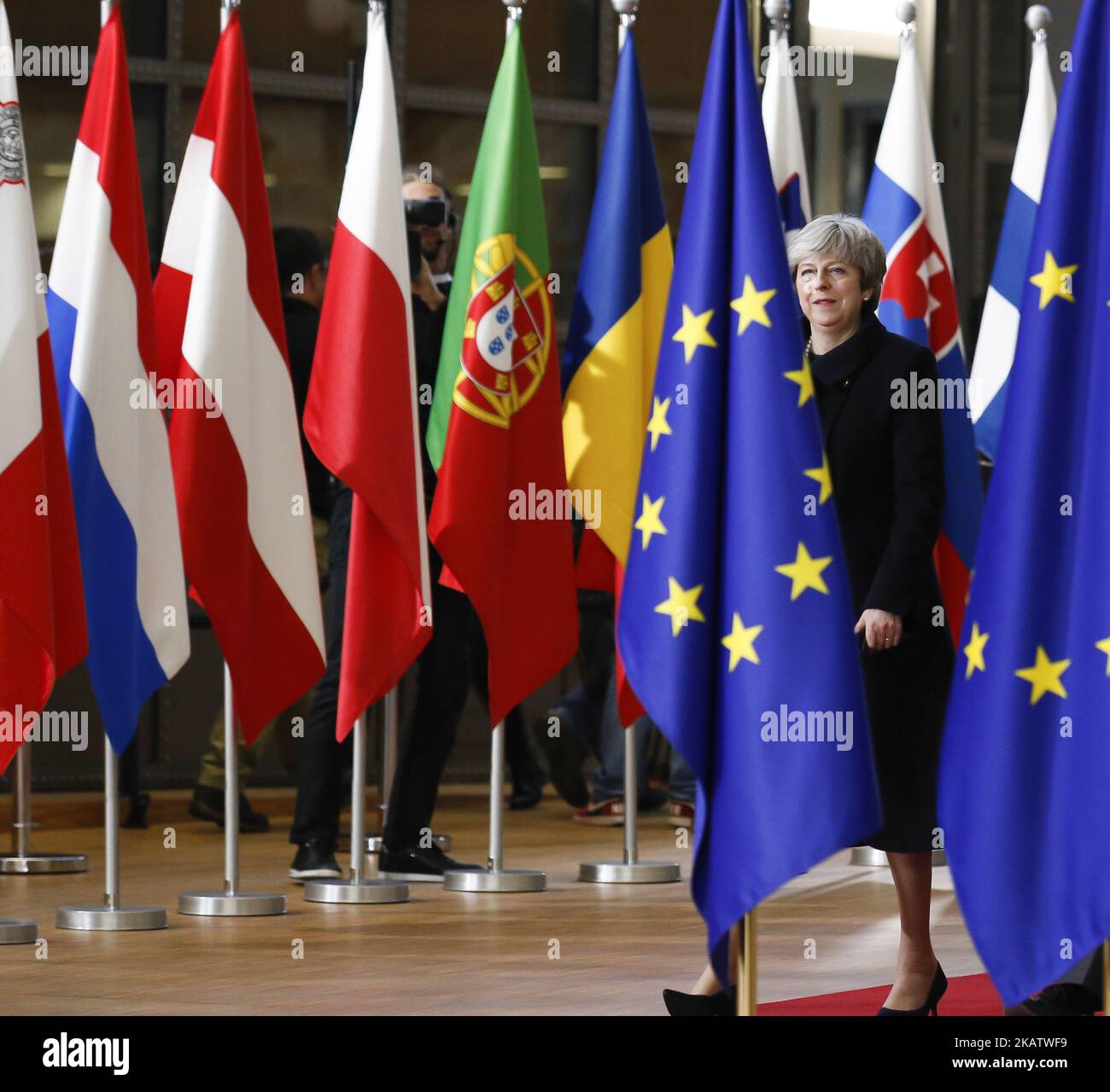 Theresa May, Premier ministre du Royaume-Uni, arrive au bâtiment Europa à Bruxelles, en Belgique, pour le sommet du Conseil européen sur l'14 décembre 2017. (Photo par Dominika Zarzycka/NurPhoto) Banque D'Images